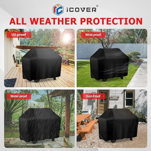 iCOVER Grill Cover, 55 inch BBQ Grill Cover for Outdoor Grill, Anti-UV & Fade Resistant Gas Grill Cover, Waterproof Barbecue Grill Covers for Weber, Char-Broil, Nexgrill and More, Black