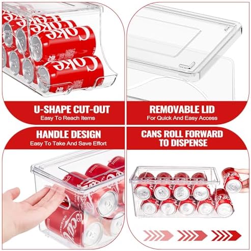 SCAVATA 4 Pack Stackable Refrigerator Organizer, Soda Can Dispenser Pop Cans Container Beverage Holder with Lid for Fridge, Freezer, Kitchen, Clear Plastic Storage Bins-Holds 10 Cans Each