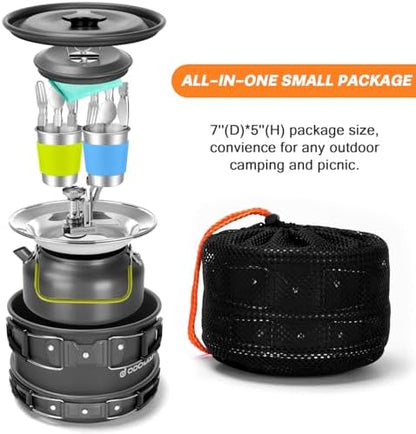Odoland 16pcs Camping Cookware Mess Kit, with Folding Camping Stove