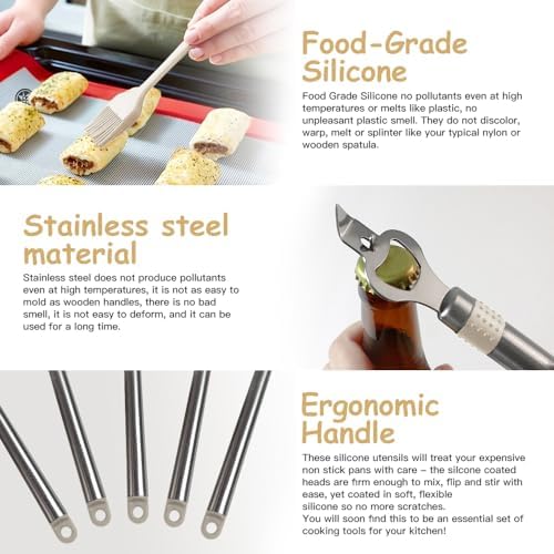 Kitchen Utensil Set-Silicone Cooking Utensils-33 Kitchen Gadgets & Spoons for Nonstick Cookware-Silicone and Stainless Steel Spatula Set-Best Kitchen Tools, Useful Pots (Khaki)