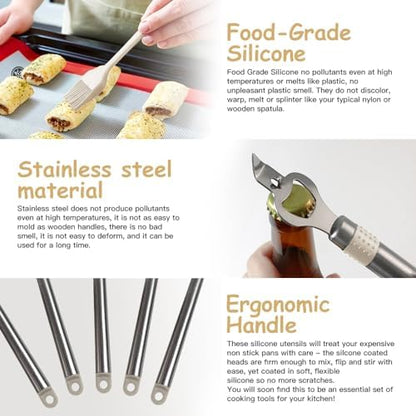 Kitchen Utensil Set-Silicone Cooking Utensils-33 Kitchen Gadgets & Spoons for Nonstick Cookware-Silicone and Stainless Steel Spatula Set-Best Kitchen Tools, Useful Pots (Khaki)