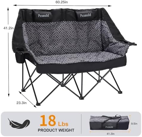 High Back Double Camping Chair Padded Folding Loveseat with Adjustable Pillows Heavy Duty 2 Person Camping Lawn Chairs for Adults with Cup Holders & Wine Racks for Outdoor Sports Beach Fishing