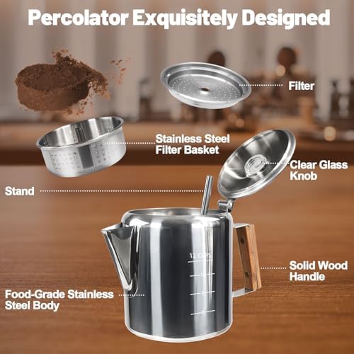 12 Cup Percolator 304 Stainless Steel Coffee Pot Coffee Maker Coffee Machine with Solid Wood Handle Transparent Knob Stovetop Greca Mocha for Induction Home and Camping 2200ml 74.4oz