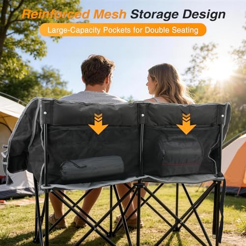 Suteck Double Camping Chair, 660lbs Oversized Camping Couch w/Independent Seats, Folding Camping Loveseat w/2 Cup & Wine Glass Holders, 1200D Oxford, Side Pocket & Carry Bag, for Camping, Lawn, Patio