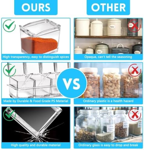 4-Cell Clear Seasoning Rack Spice Box, Storage Container Condiment Jars Acrylic Seasoning Box with Cover and Spoon (Enhanced Version Clear)