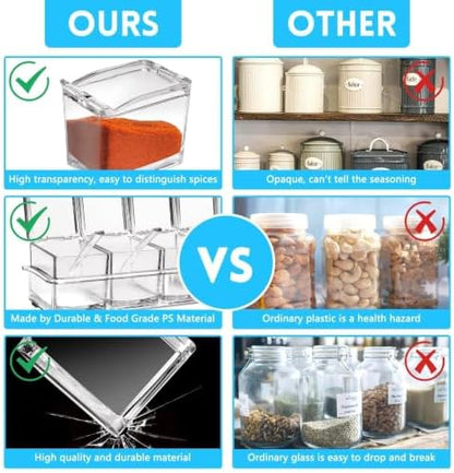 4-Cell Clear Seasoning Rack Spice Box, Storage Container Condiment Jars Acrylic Seasoning Box with Cover and Spoon (Enhanced Version Clear)