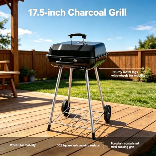17.5 Inch Portable Charcoal Grill with Removable Ash Catcher, Durable Wheels, and Side Dampers for Effortless Cleanup