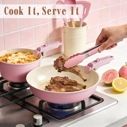 Umite Chef Pots and Pans Set Non Stick, 21 pcs Nonstick Ceramic Cookware Set, RV Kitchen Cooking Set with Detachable Handles, Oven Safe, Induction Cookware, Stackable, Pink, PFAS PFOA & PTFE Free