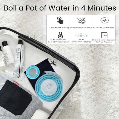 Travel Kettle Electric Foldable, Portable Electric Kettle, Collapsible Kettle Silicone + Paperless Collapsible Coffee Dripper, Travel Pour Over Coffee Maker 1 Cup (Blue)