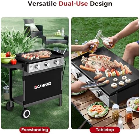 CAMPLUX Propane Griddle Flat Top, 3-Burner Gas Griddle with 3mm Thick Non-Deformable Plate & Ceramic Non-Stick Coating, 33,000 BTU Outdoor Cooking Station with Wheels and Side Shelves for Camping