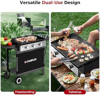 CAMPLUX Propane Griddle Flat Top, 3-Burner Gas Griddle with 3mm Thick Non-Deformable Plate & Ceramic Non-Stick Coating, 33,000 BTU Outdoor Cooking Station with Wheels and Side Shelves for Camping