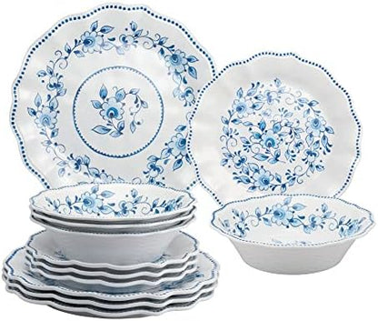 UPware 12 Piece Blue and White Floral Melamine Dinnerware Sets, Outdoor Dishes Set, Plates and Bowls Sets, Service for 4, Blue