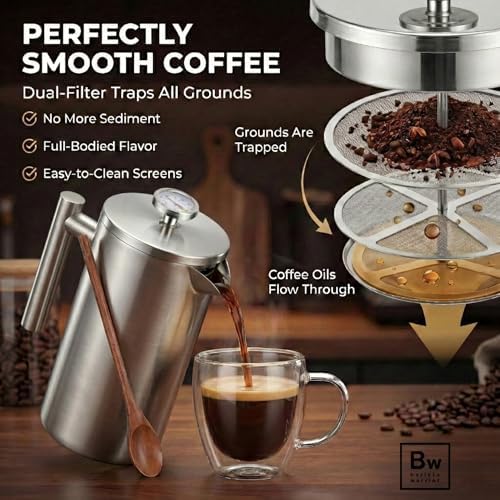 Barista Warrior French Press Coffee Maker - Double-Wall Stainless Steel Insulated French Press with Built-In Thermometer, Dual Filters Coffee Maker with Wooden Spoon - Silver