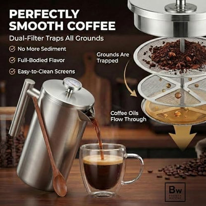 Barista Warrior French Press Coffee Maker - Double-Wall Stainless Steel Insulated French Press with Built-In Thermometer, Dual Filters Coffee Maker with Wooden Spoon - Silver