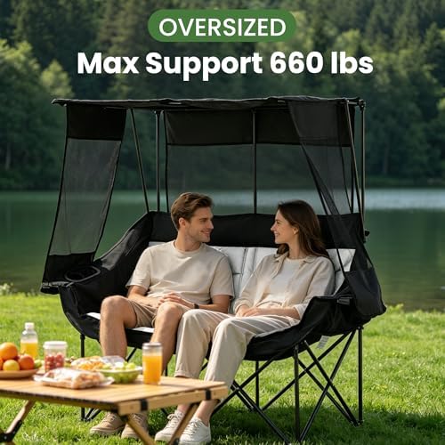 Asrug Padded Double Camping Chair with Canopy 2 Person Portable Camping Chair Loveseat with Cup Holders and Side Pockets Heavy Duty Camp Couch for Outdoor Fishing 650lbs Support (Black & Light Gray)