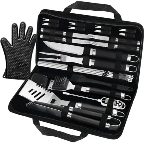 POLIGO 26 PCS BBQ Grill Accessories Stainless Steel BBQ Tools Grilling Tools Set with Storage Bag for Fathers Day Dads Birthday Presents - Camping Grill Utensils Set Ideal Grilling Gifts for Men Black