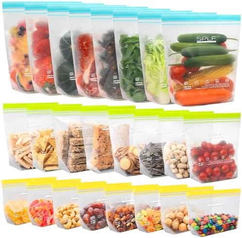 SPLF 24 Pack Reusable Food Storage Bags Dishwasher Microwave Safe