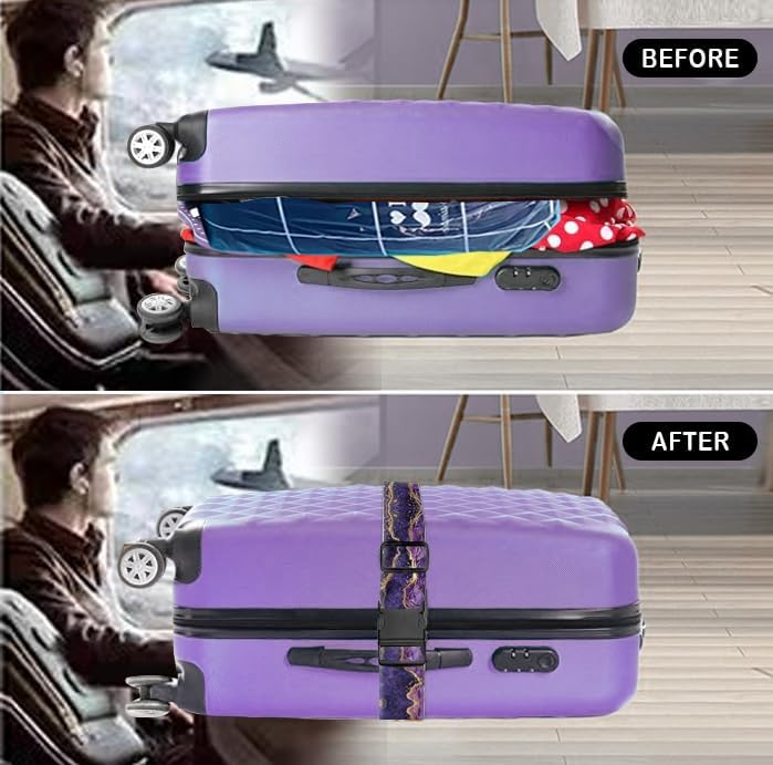 Luggage Straps for Suitcases Travel Belt Accessories, Cute Suitcase Strap, Adjustable Luggage Belt Strap, Heavy Duty with Quick-Release Buckle Luggage Strap Luxury Purple Marble