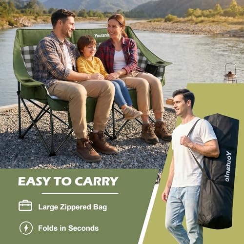 Youtanic Double Camping Chair, Heavy Duty 650lbs Padded Loveseat for Adults