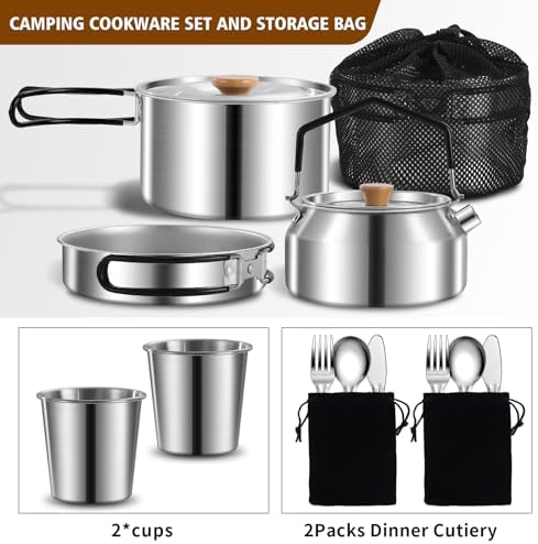 12pcs Outdoor Camping Cookware Kit, Lightweight Stainless Steel Kettle, Non-Stick Pot and pan, with Fork Spoon Kits Suitable for picnics and Backpacking Trips