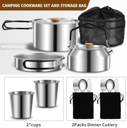 12pcs Outdoor Camping Cookware Kit, Lightweight Stainless Steel Kettle, Non-Stick Pot and pan, with Fork Spoon Kits Suitable for picnics and Backpacking Trips