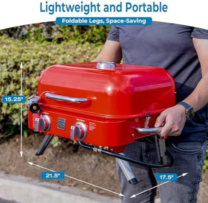 Kenmore Portable Propane Gas Grill - Tabletop BBQ Grill with Warming Rack, 2 Stainless Steel Burners with 14,000 BTUs, for Outdoor Kitchen, Camping, Red