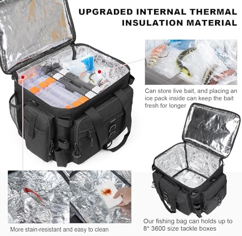 Rabjen Fishing Tackle Bag with Rod Holders & Cooler Main Compartment – Large Capacity Fishing Bag for Organized Gear Storage