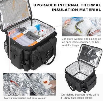 Rabjen Fishing Tackle Bag with Rod Holders & Cooler Main Compartment – Large Capacity Fishing Bag for Organized Gear Storage