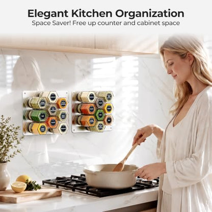Vetacsion Set of 18 Magnetic Glass Spice Tins with 100 Preprinted Seasoning Label Stickers (Include Black Metal Wall-Plates)