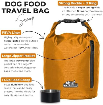 Callieco Dog Food Travel Bag w/ 1 Cup Scoop and Zipper Side Pocket | Waterproof Kibble Storage Container for Home, Road Trips, Camping, Boarding and More (Orange, 64 Cups)