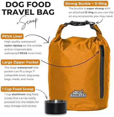 Callieco Dog Food Travel Bag w/ 1 Cup Scoop and Zipper Side Pocket | Waterproof Kibble Storage Container for Home, Road Trips, Camping, Boarding and More (Orange, 32 Cups)