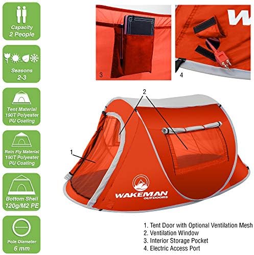 Pop-up Tent 2 Person, Water Resistant Barrel Style Tent for Camping with Rain Fly and Carry Bag, Sunchaser 2-Person Tent by Wakeman Outdoors (Red)
