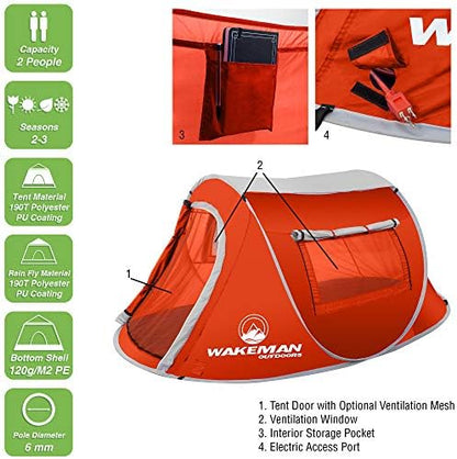 Pop-up Tent 2 Person, Water Resistant Barrel Style Tent for Camping with Rain Fly and Carry Bag, Sunchaser 2-Person Tent by Wakeman Outdoors (Red)