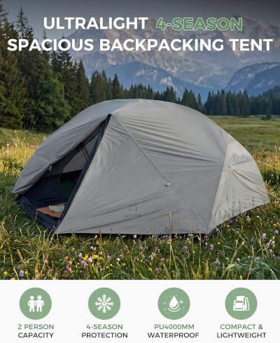 ATEPA Voyage 1-2 Backpacking Tent, Ultralight 20D SilNylon 4 Season Camping Tent, 4000mm Waterproof Freestanding Tent with Expandable Vestibule for Hiking, Bikepacking & Mountaineering