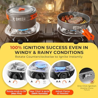 20000 BTU Propane Camping Stove with Cookware Set & Carry Bag Black