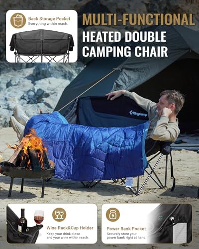 KingCamp Heated Double Camping Chair, Oversized 880lbs Heavy Duty Loveseat for Adults Portable Folding XL 2 Person Couch Padded Comfortable with 3 Heat Levels for Outdoor Sports Lawn, Black/Grey