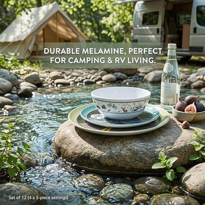 Melamine Dinnerware Set, 12-Piece Camping Dishes, Service for 4