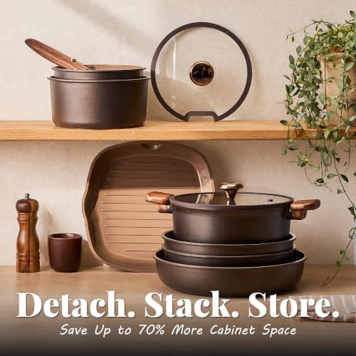 CAROTE 24Pcs Ceramic Cookware Set with Detachable Handle, Non-Toxic Pots and Pans Set Nonstick, Dishwasher/Oven Safe Non Stick Pot and Pan, Kitchen, Camping Use Cooking Set, All Stoves Compatible