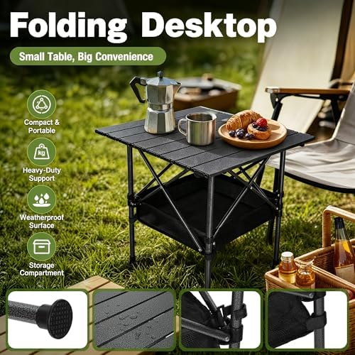 19.7"L x 20.9"W Folding Camping Table with Adjustable Height Black