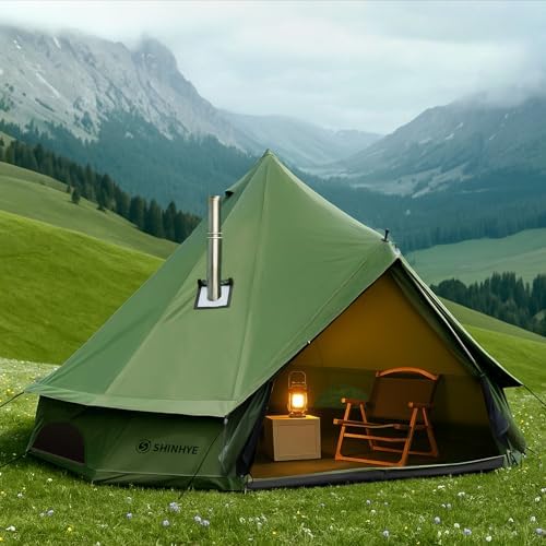 Canvas Bell Yurt Tent with Stove Jack, Waterproof Luxury 4 Season Tents for Family Outdoor Camping 100% Cotton Green Glamping Tents for Hunting, Partie, All Year Living