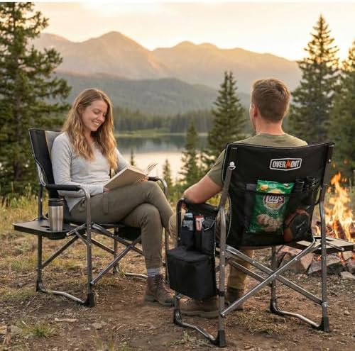 Overmont Folding Camping Chair with Side Table, Cooler Bag, 400 lb Capacity