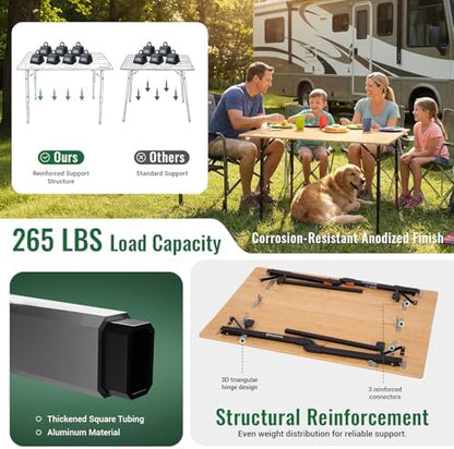 KingCamp Bamboo Folding Camping Table with Adjustable Legs