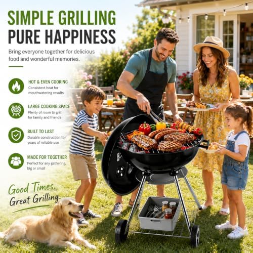18-inch Charcoal Grill Kettle grill: Black Portable grill with stainless steel grilling net - backyard barbecue party grill (18inch)