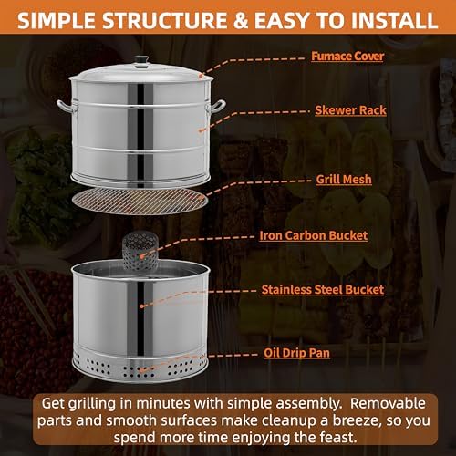 360° Smokeless Stainless Steel BBQ Grill Barrel Portable Charcoal BBQ 2-in-1 Vertical Smoker Barrel Grill for Outdoor Barbecue, Camping, And Backyard Cooking (Large-50 Skewers)