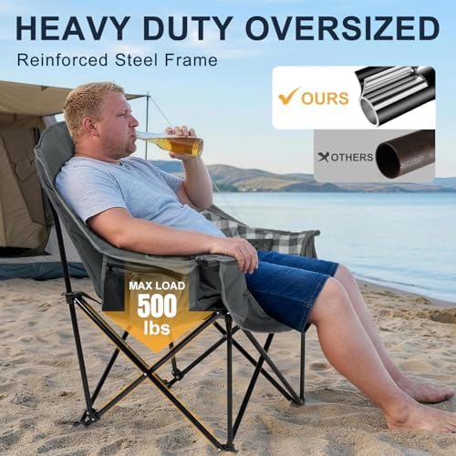 Oversized Camping Chair for Adults, 500 LBS Heavy Duty Folding Chair, Plaid
