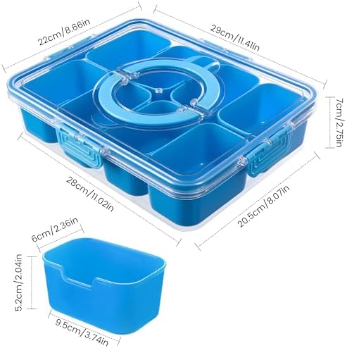 Divided Serving Tray with Lid and Handle - Snackle Box Charcuterie Container for Portable Snack Platters Organizer for Candy, Fruits, Nuts, Snacks - Perfect for Party, Entertaining, Cerulean
