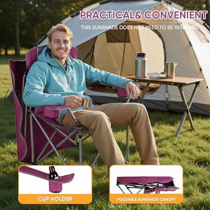 Northroad 2 Pack Folding Camping Chairs with Canopy Shade, Beach Chair with Cup Holders, Phone Holder, Armrests & Carry Bag for Outdoors Travel Sports Fishing, Purple & Green