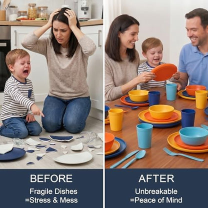 56 Piece Plates and Bowls Sets for 8, Unbreakable Dinnerware Set