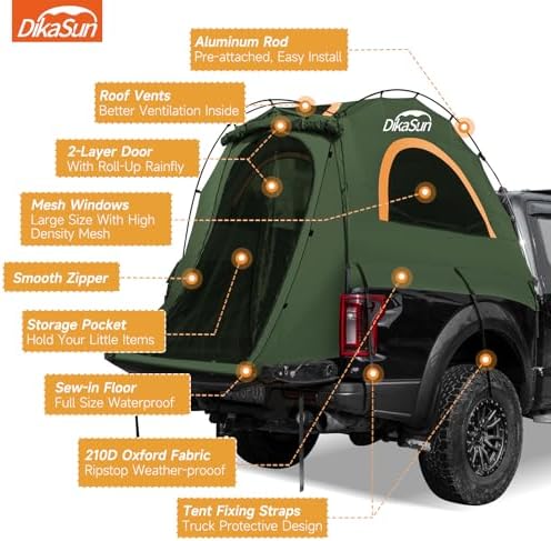 Truck Bed Tent, Double Layer Pickup Tent Bed, Waterproof PU3000mm, Truck Tent for Camping(Orange-Grey)