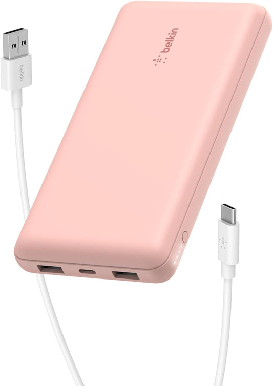 Belkin Portable Charger, USB C Power Bank 20000 mAh w/ 1xUSB-C Port & 2xUSB-A Ports, 15W w/ Type-A to Type-C Cable for iPhone 16, Plus, Pro, Max, Samsung Galaxy S25, Google Pixel 10, etc. - Rose Gold